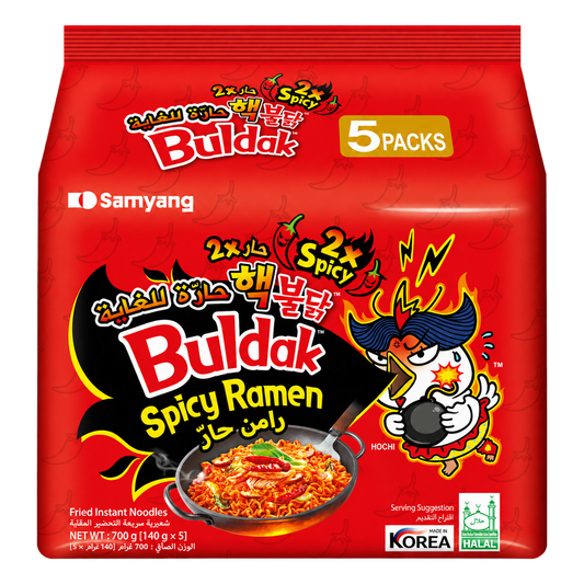 Samyang Buldak 2x Spicy Ramen – Pack of 5 (5 × 140g), transparent background