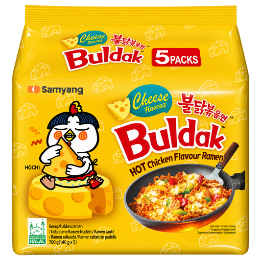 Samyang Buldak Cheese Ramen – Pack of 5 (5 × 140g), transparent background