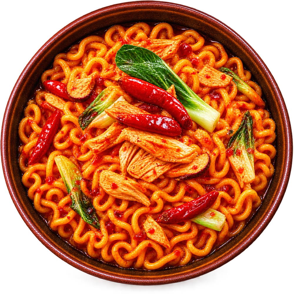 Prepared Samyang Buldak 2x Spicy Ramen – 140g. Serving suggestion.