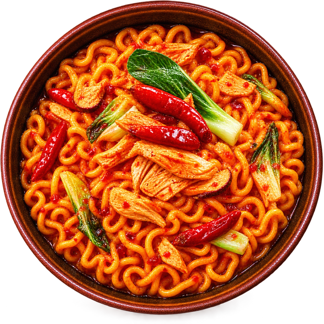 Prepared Buldak 2x Spicy. Serving suggestion; toppings added.