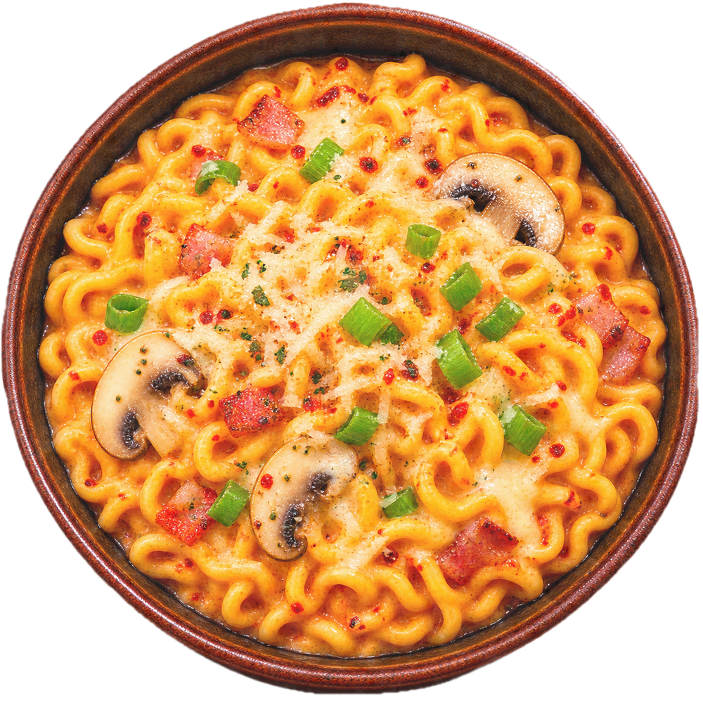 Prepared Samyang Buldak Carbonara Hot Chicken Flavour Ramen – 130g. Serving suggestion.