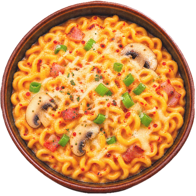 Prepared Buldak Carbonara. Serving suggestion; toppings added.