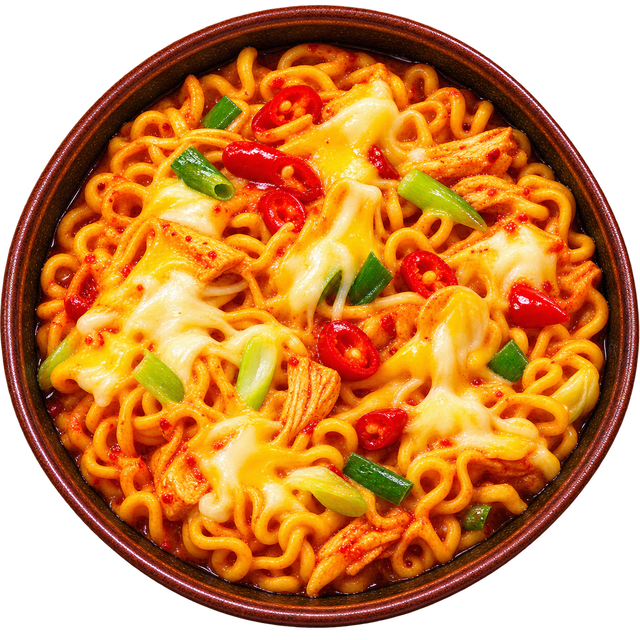 Prepared Buldak Cheese. Serving suggestion; toppings added.