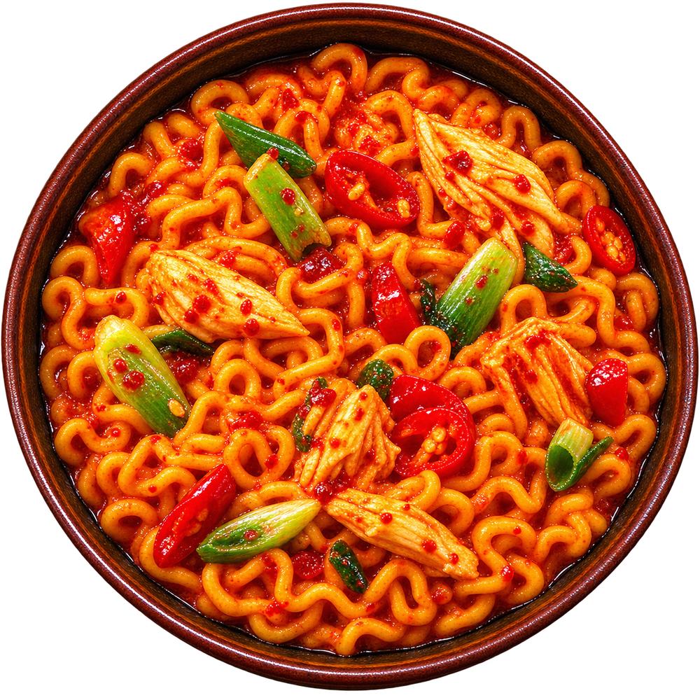 Prepared Samyang Buldak Original Hot Chicken Flavour Ramen – 140g. Serving suggestion.