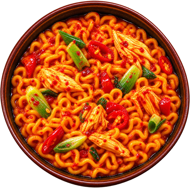 Prepared Buldak Original. Serving suggestion; toppings added.