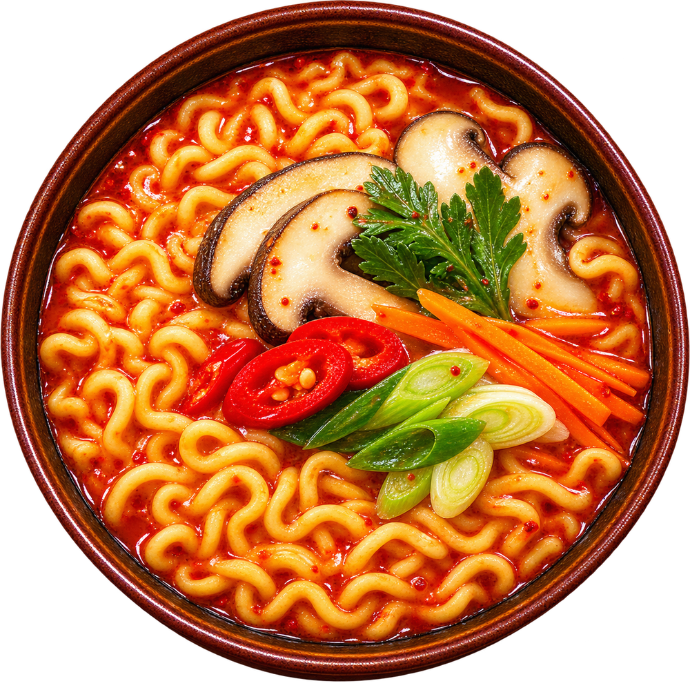 Prepared Nongshim Shin Ramyun Gourmet Spicy Noodle Soup – 120g. Serving suggestion.