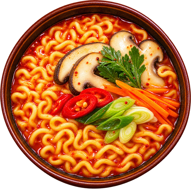 Prepared Shin Ramyun. Serving suggestion; toppings added.